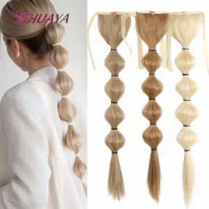 Drawstring Long Straight Ponytail Clip In Hair Extensions Synthetic Hair Bubble Ponytail Wig