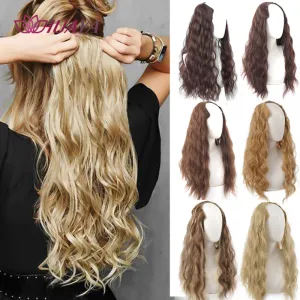 HUAYA Synthetic Long Natural Wave Clip In Hair Extensions For Women Black Brown Hair Piece Heat Resistant Fiber False Hair