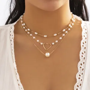 Jewelry Geometric Ball Chain Stacking Necklace Imitation Pearl Cutout Heart Necklace