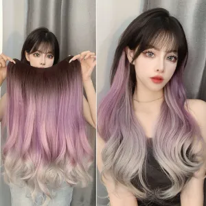 Wig Long Hair Natural Gradient Wig Piece Highlights One Piece Seamless Multicolor Hanging Ear Dyed Purple Grey Hair Piece