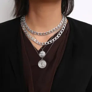 Women'S Vintage Exaggerated Portrait Embossed Mix And Match Chain Multilayer Necklace