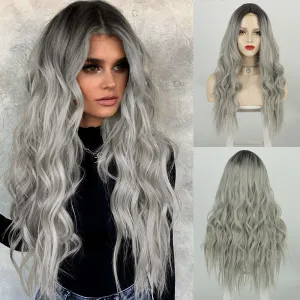 WomenS Long Curly Hair Small Lace Front Lace Gradient Grey Mid-Part Lace Wigs Chemical Fiber Headgear