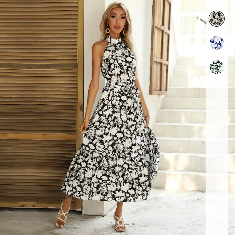 Wholesale Women Summer Retro Flower Printed Halter Neck Sleeveless Sexy Slit Dress Wholesale Women Summer Retro Flower Printed Halter Neck Sleeveless Sexy Slit Dress