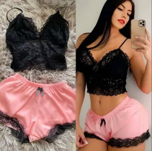 Imitation Silk Black Homewear Two-Piece Set Fashion Comfortable Lace Pajamas Set