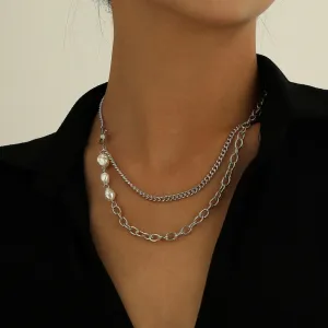 Women Fashion Cross Imitation Pearls Double-Layer Necklace