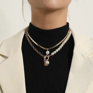 Women Fashion Double-Layer Imitation Pearls Metal Tag Snake Chain Necklace