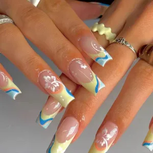 Wearing Nail Pieces Blue And Yellow Color Matching Edge White Small Flower False Nail Patch Manicure Finished Product