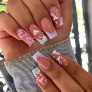 Manicure Piece Blue Powder Splicing Rainbow White Cloud Starburst Pink Hollow Out Love False Nails