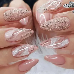 Wear Nail Art Gentle Nude Powder Glitter False Nails