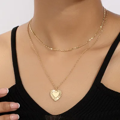 Women Simple Fashion Double Layer Stacked Love Pendant Alloy Necklace