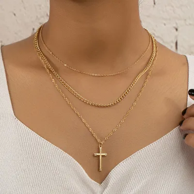 Women Fashion Simple Multilayered Cross Pendant Necklace