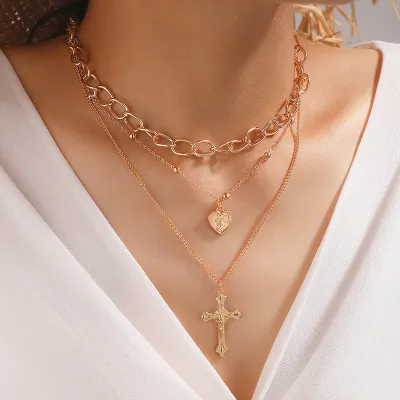 Women Fashion Vintage Cross Heart Multilayer Necklace
