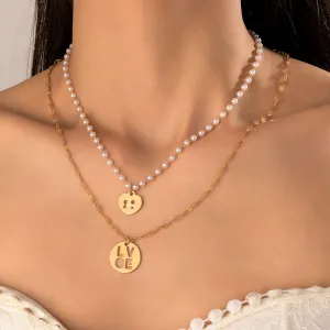 Women Fashion Hollow Love Letters Imitation Pearls Double-Layer Necklace