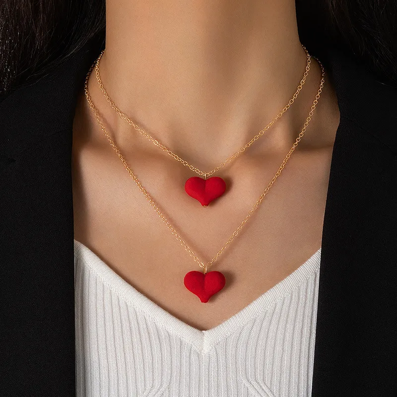 Women Fashion Simple Velvet Heart Double-Layer Necklace