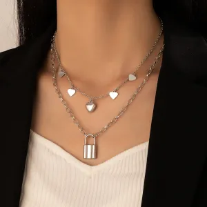 Women Fashion Hearts Tassel Lock Double-Layer Necklace