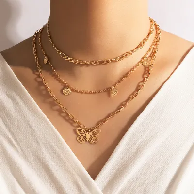 Women Fashion Hollow Butterfly Wafers Multilayer Necklace