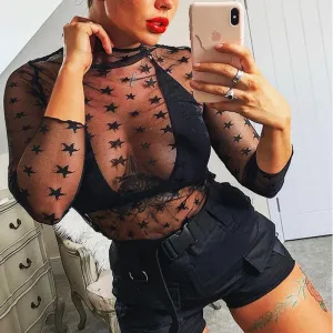 Clearance Sale Women Long Sleeve Star Mesh Sexy See-Through Top