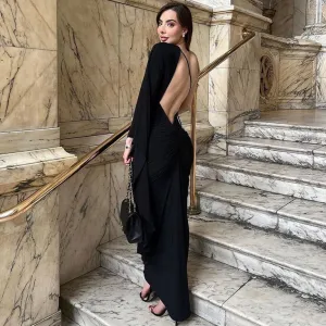 Women Fashion Sexy Deep V One-Shoulder Backless Solid Color Maxi Dress