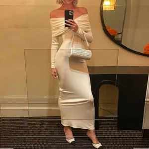 Women Solid Color Elegant Sexy Off Shoulder Creased Long Sleeve Maxi Dress