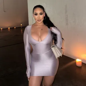Women Fashion Sexy Solid Color V-Neck Long Sleeve Mini Dress