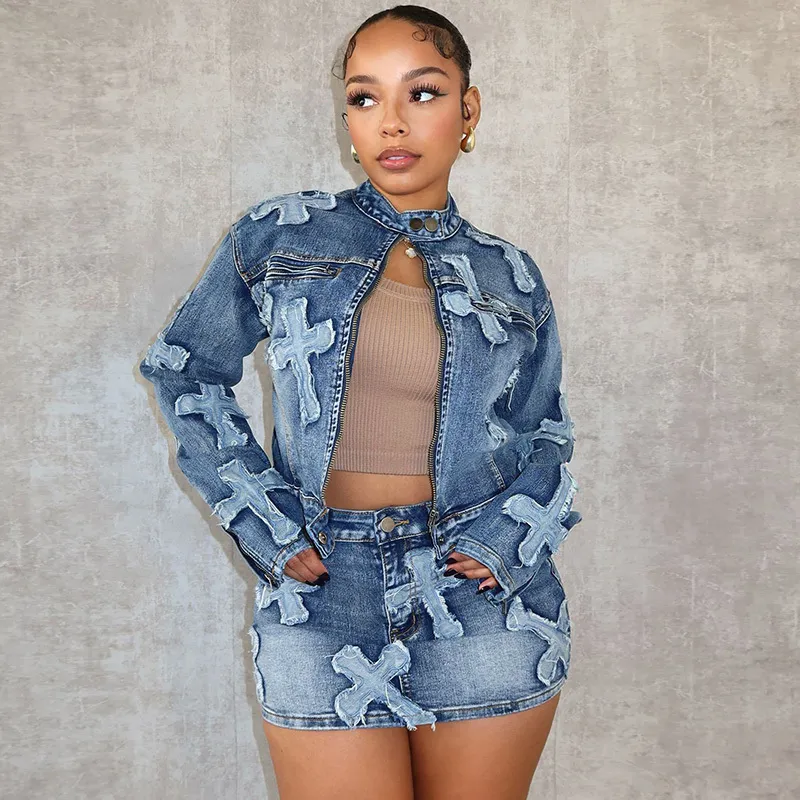 Mini Skirt Outfit Denim Set Skirt And Jacket Trendy Denim 2-Piece