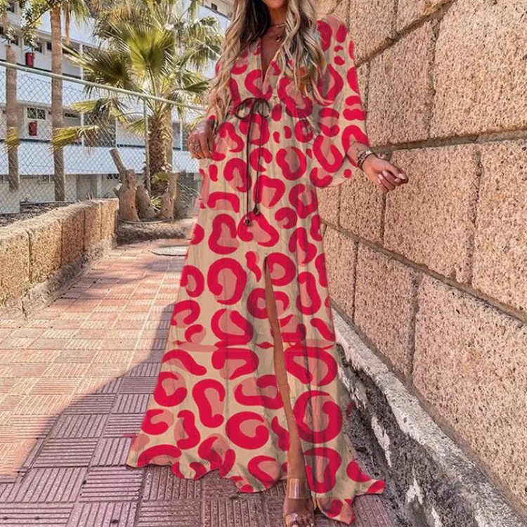 Wholesale Women Vacation V-Neck Loose Print Maxi Dress