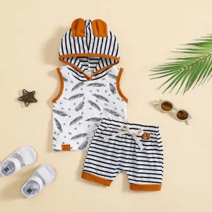 Kids Baby Boys Casual Cute Feather Stripe Print Round Neck Hooded Vest Shorts Set
