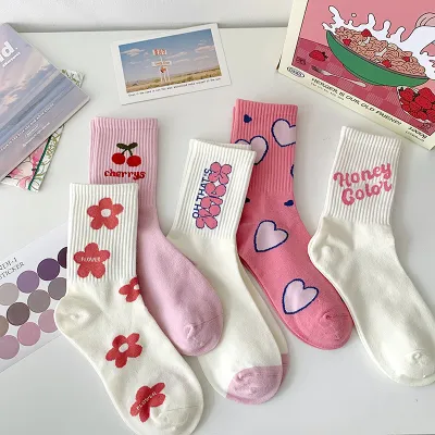 Women Fashion Sweet Pink Floral Cherry Print Socks