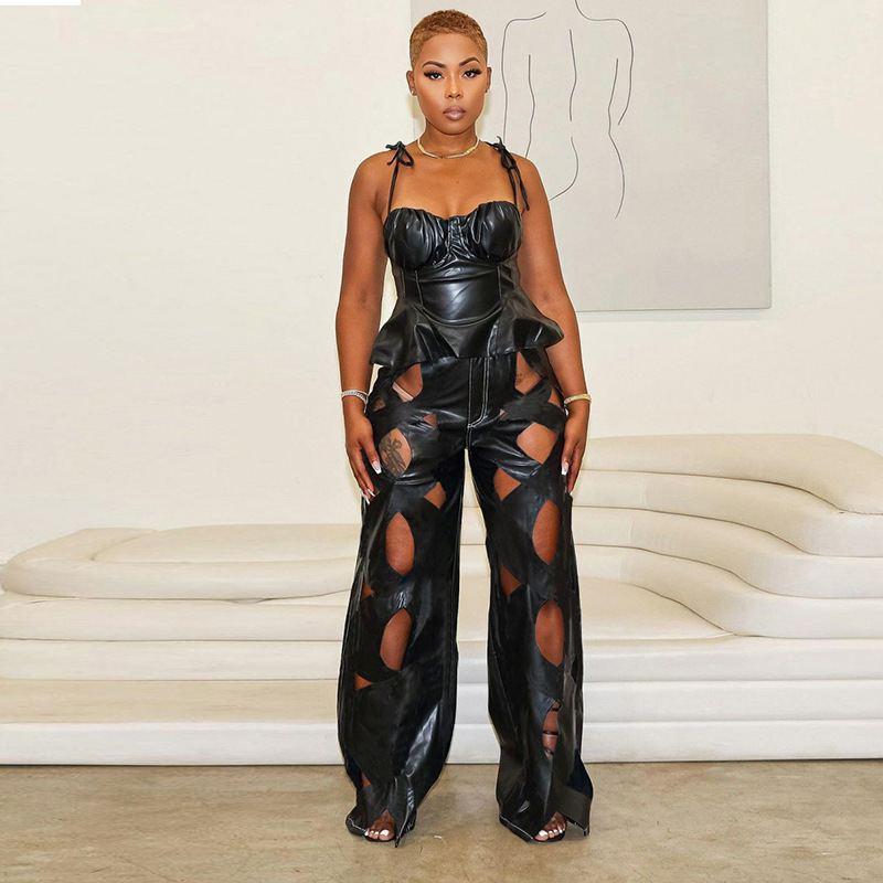 Wholesale Women Sexy Cutout Pu Leather Pants
