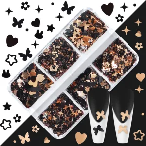 6 Boxed Black Gold Butterfly Rabbit Love Star Manicure Sequin Decoration