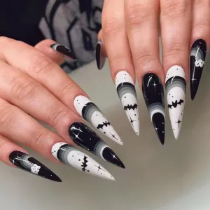 Halloween Black White Bat Fake Nail