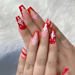 Christmas Red And White Stripe Snowflake Elk Glitter Sequins Fake Nails