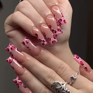 Fashion Pink Leopard Detachable Fake Nails