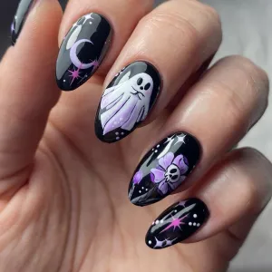 Halloween Skull Floral Ghost Oval Fake Nail