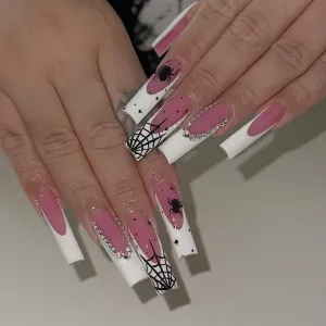Halloween Spider Web Print Rhinestone Fake Nails