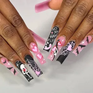 Halloween Heart Bat Spider Web Print Fake Nails