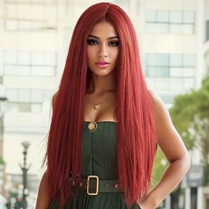 Women Fashion Burgundy Long Straight Wig