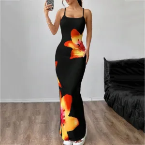 Women Sexy Sling Printed Bodycon Maxi Dress