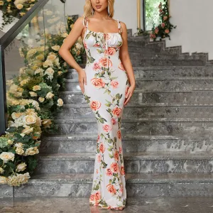 Women Elegant Floral Print Bodycon Maxi Dress