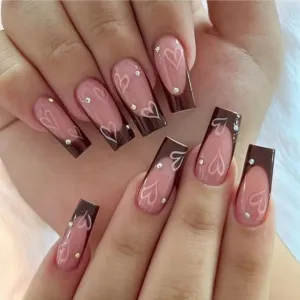 Women Fashion Love Printed Zircon Long Brown Side Detachable Art Fake Nails