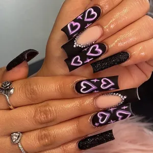 Women Fashion Long Black Love Printed Matte Glitter Detachable Art Fake Nails