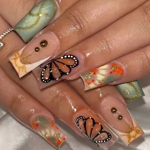 Women Fashion Elegant Butterfly Beads Square Detachable Fake Nail
