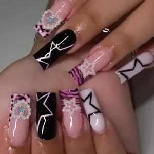 Women Fashion Black White Five-Pointed Star Beads Detachable Art Fake Nail