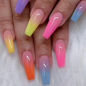 Women Fashion Rainbow Gradient Long Fake Nail