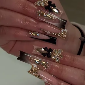 Women Fashion Rectangular Black Side Rhinestone Butterfly Bowknot Detachable Art Fake Nail