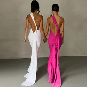 Women Sexy Solid Color Backless Sleeveless Bodycon Maxi Dress