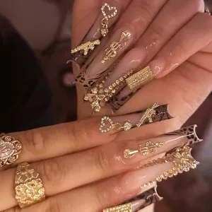 Fashion Gold Leopard Rhinestone Bowknot Long Fake Nail