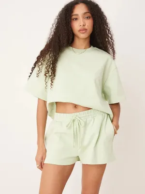 Women Casual Solid Long Sleeve Cropped Top And Shorts Two-Piece Set